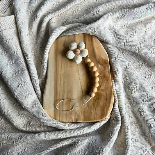 Siliconen Speenkoord met Bloem – Beige met ribstof bloem