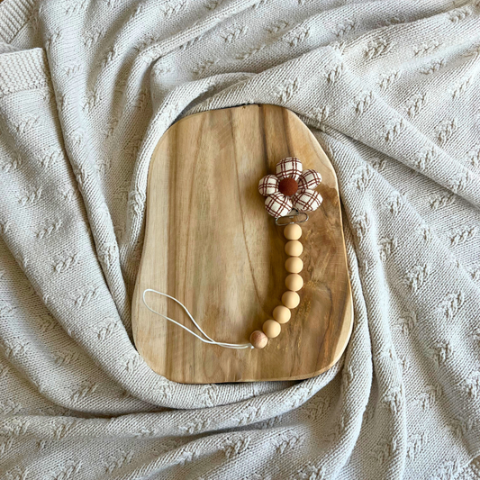 Siliconen Speenkoord met Bloem – Beige met ruitjesbloem