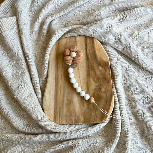 Siliconen Speenkoord met Bloem – Wit met ribstof bloem