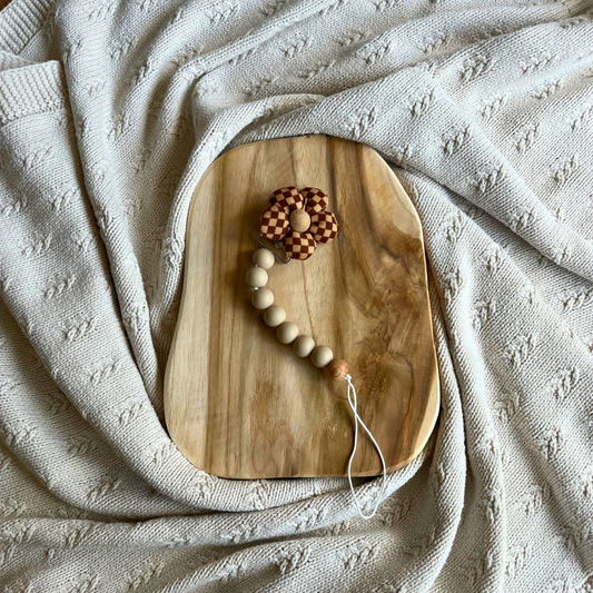 Siliconen Speenkoord met Bloem – Beige met vierkantjesbloem